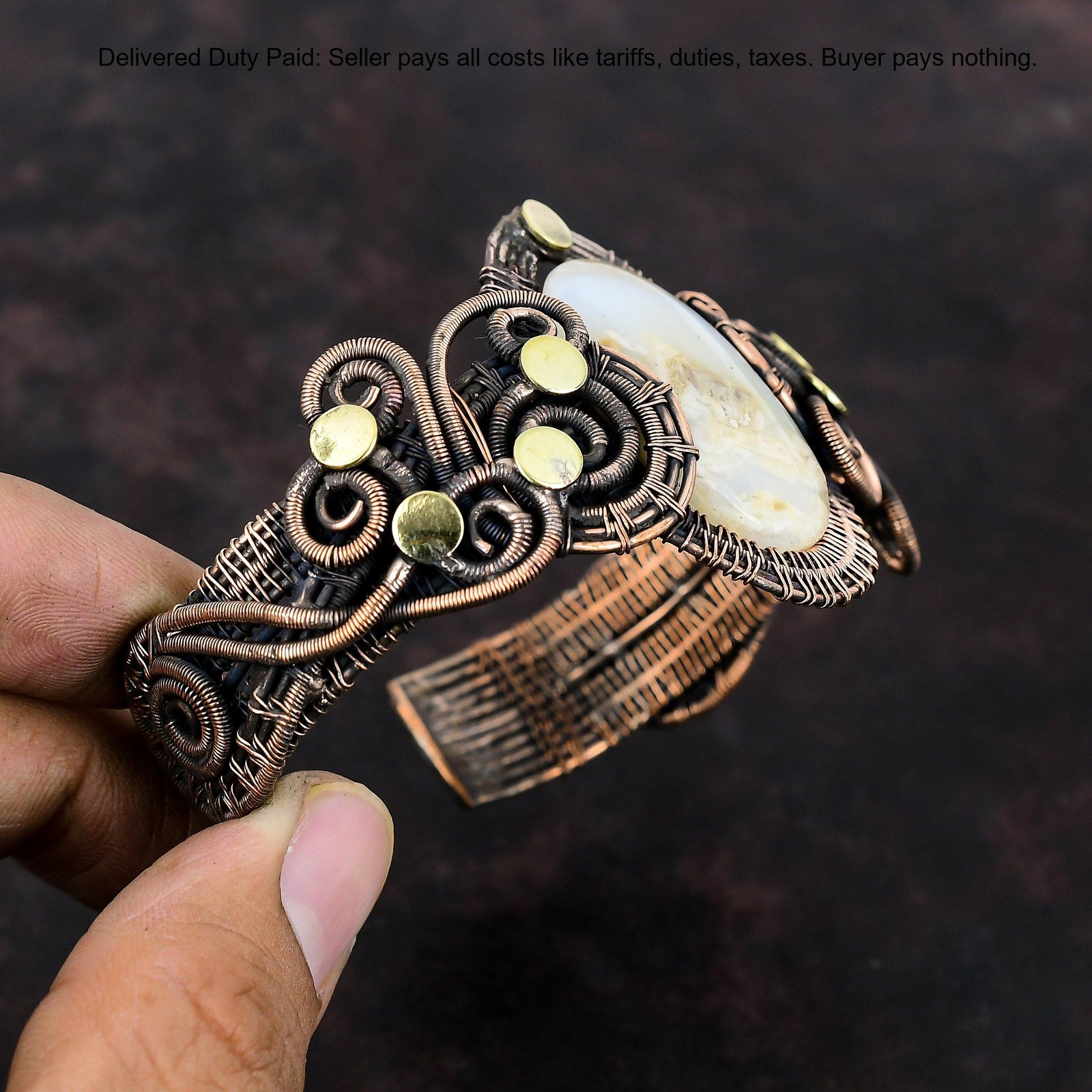 Oval Plume Agate Stone Copper Unique Wedding Wire Wrapped Ethnic Daughter Bangle