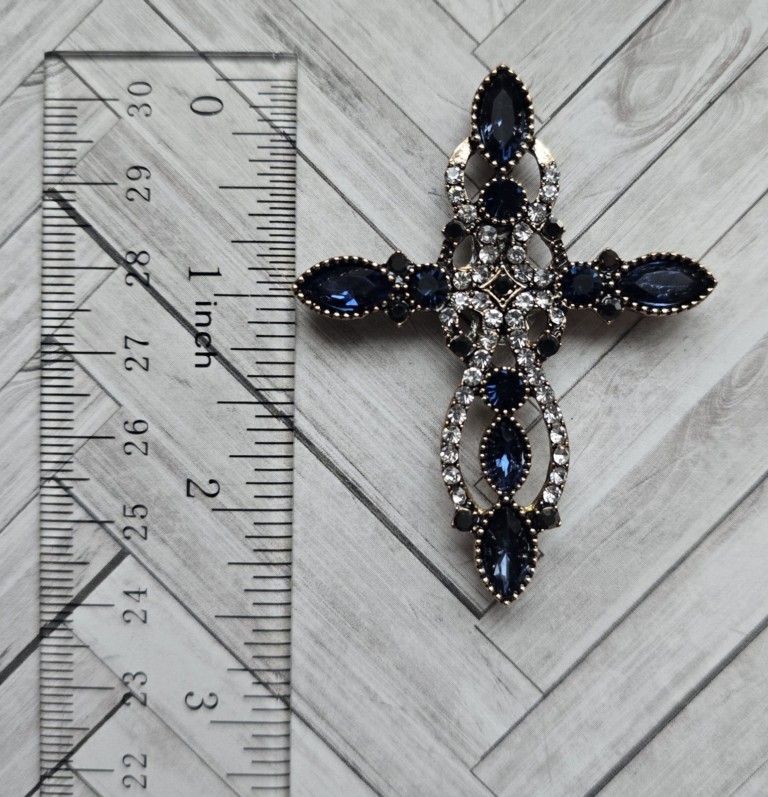 Blue Gold MAGNETIC Crystal Cross Brooch. Christmas brooch Easter brooch Pin Free