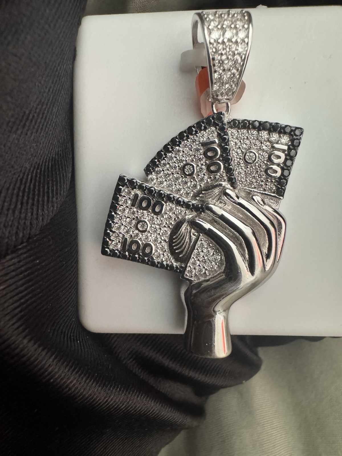 Silver Tone Iced Out Moissanite hand Holding Money Stack Charm Pendant