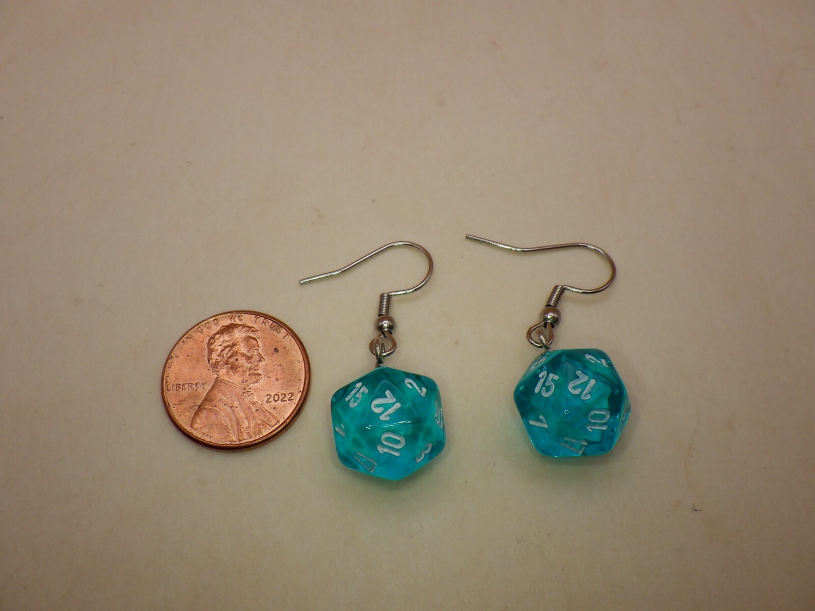 Translucent Teal White Mini D20 Stainless Steel Hook Dangle Style Dice Earrings