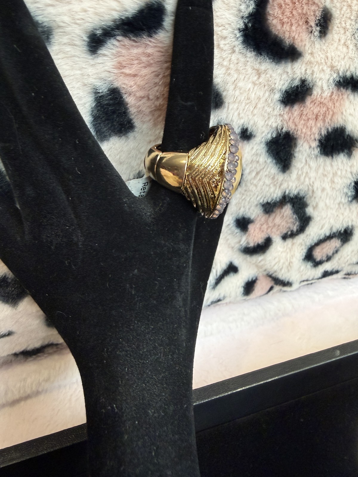 Gold Tone Cocktail Ring Amber Stone Lavender Rhinestone Halo Statement Ring