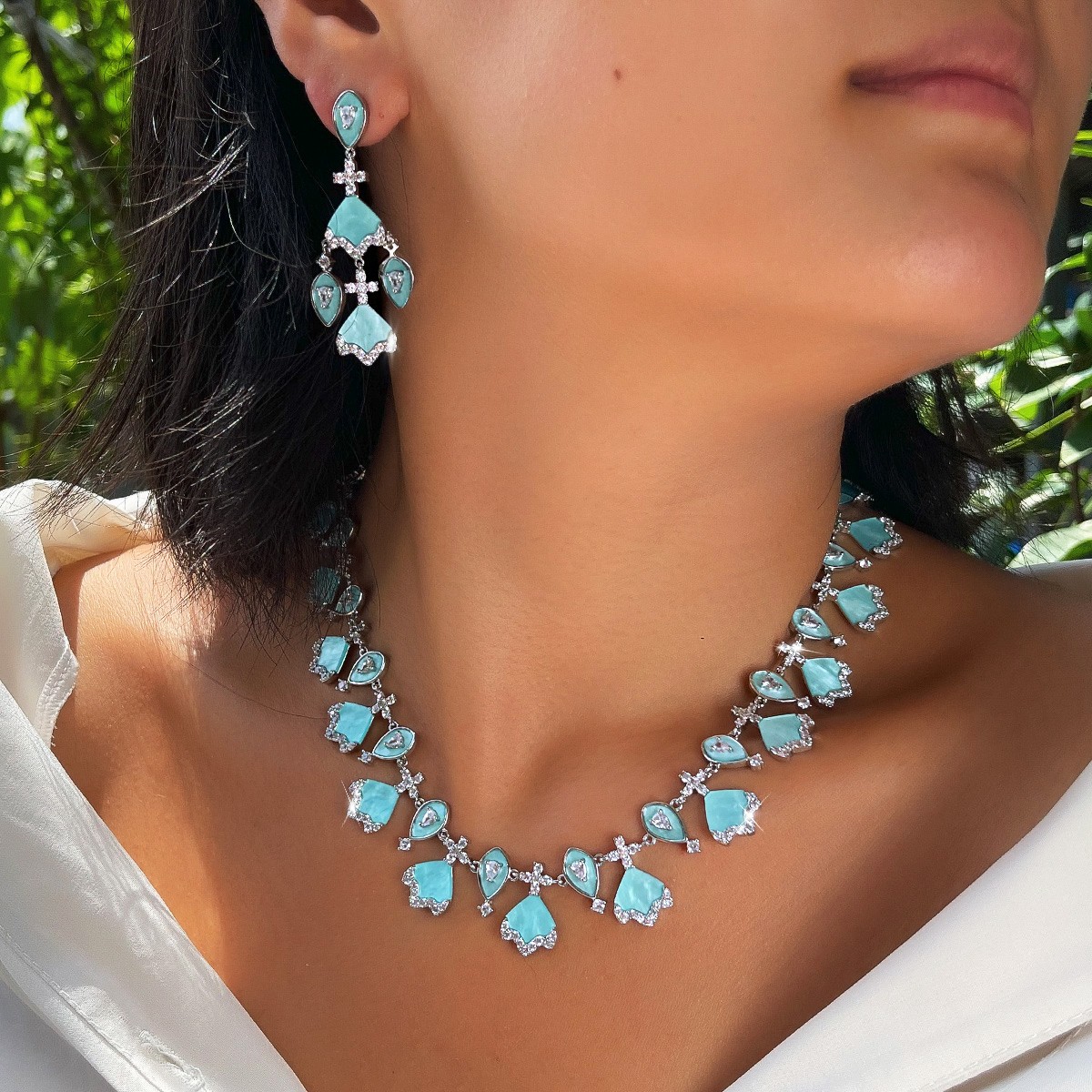 Light Blue Long Chandelier Earrings Necklace Women Zirconia Wedding Jewelry Set