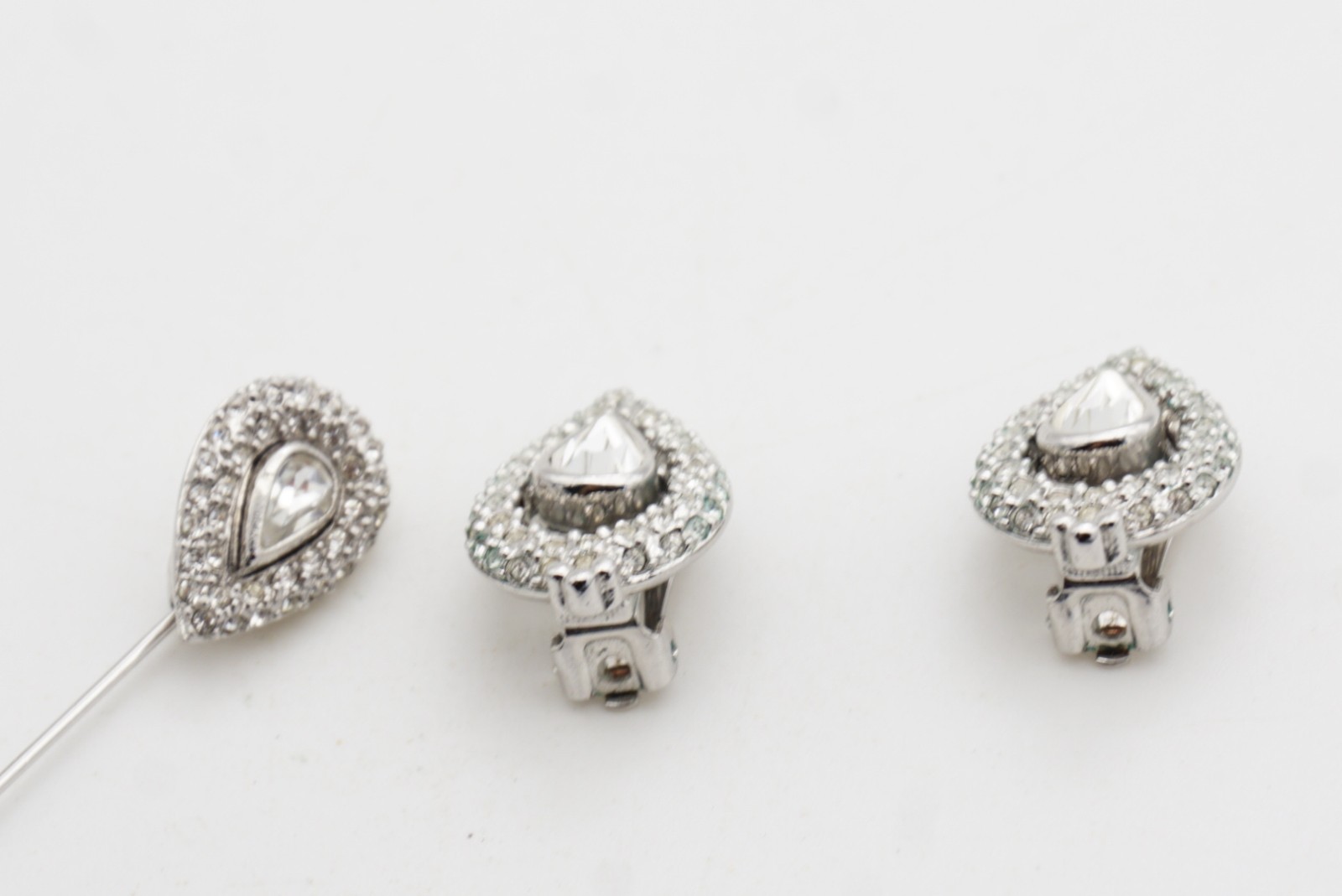 Christian Dior Vintage Peacock Eye Water Drop Whole White Crystals 2 Set, Silver