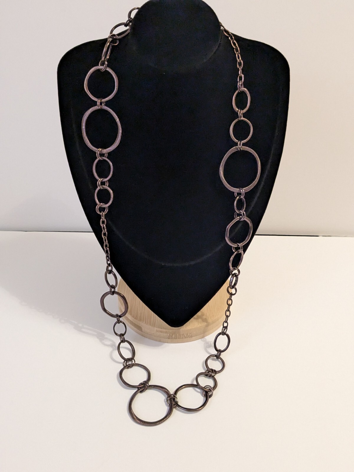 Lia Sophia Bronze Tone Textured Various Size Round Links Necklace. 30″. BOHO.