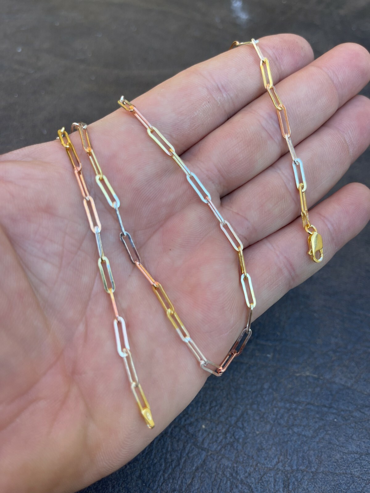 Real Paperclip Chain Necklace Tri Color Yellow Rose Gold Plated 925 Silver