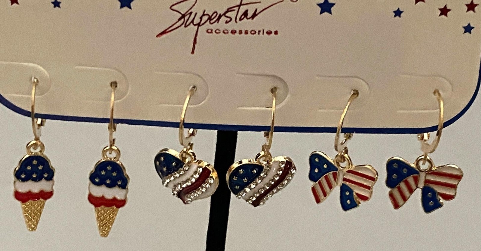 3 SETS PATRIOTIC GOLDTONE LEVERBACK DANGLING EARRINGS CRYSTALS FREE SHIPPING