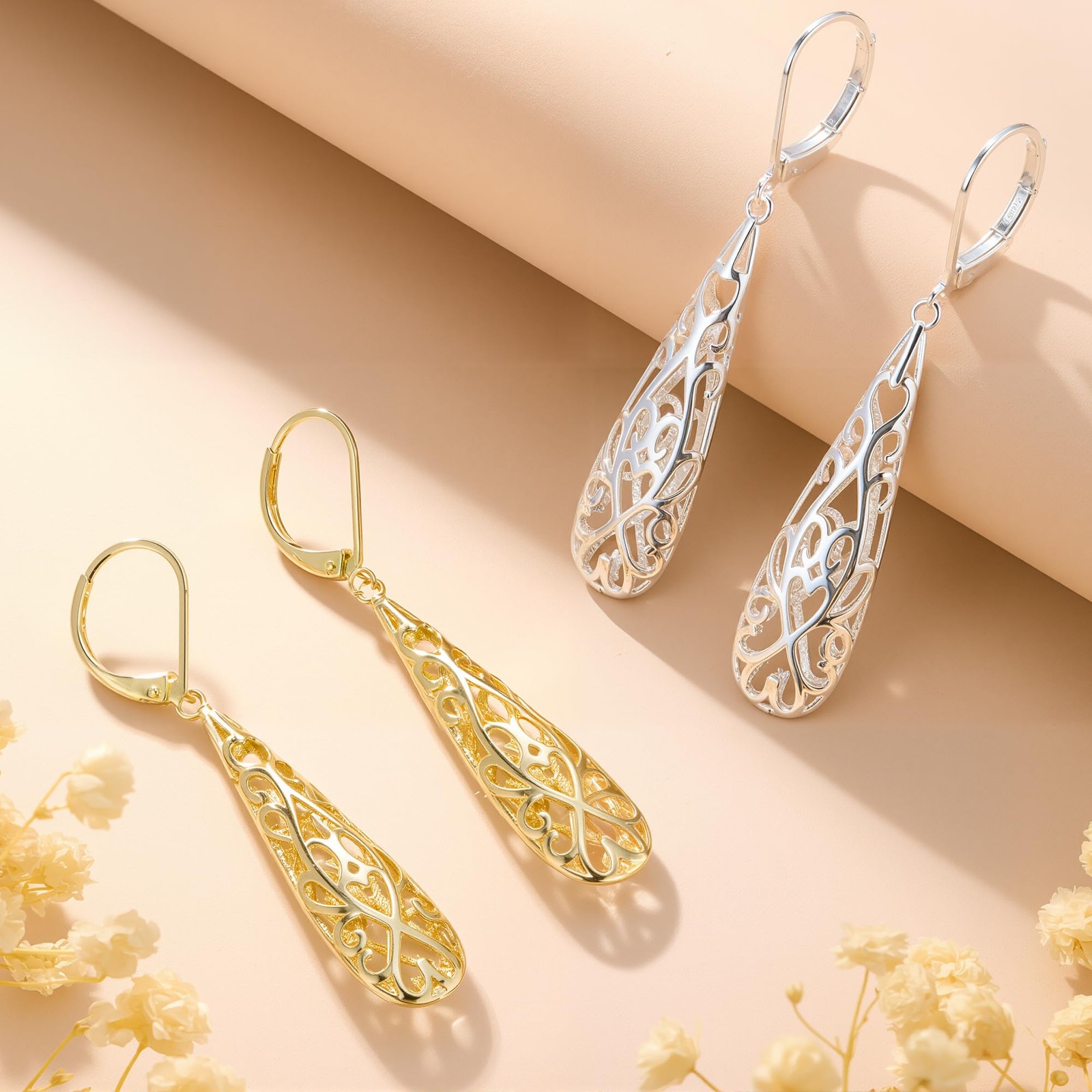 14K Gold Dangle Earrings for Women, Long Teardrop Dangling Leverback Earrings