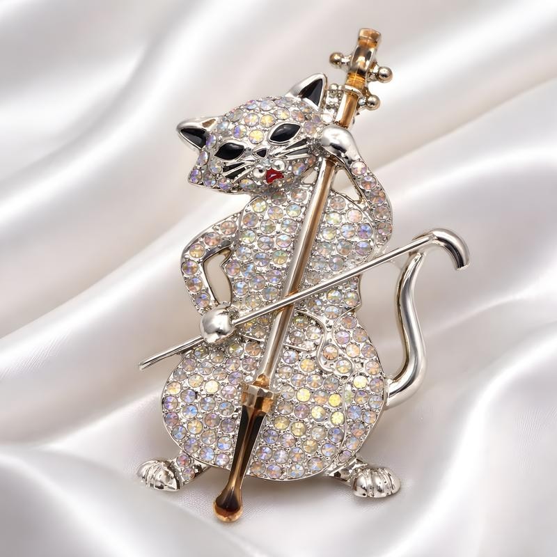 Fashion Jewelry Silver Sparkling Rhinestone Music Cat Brooch