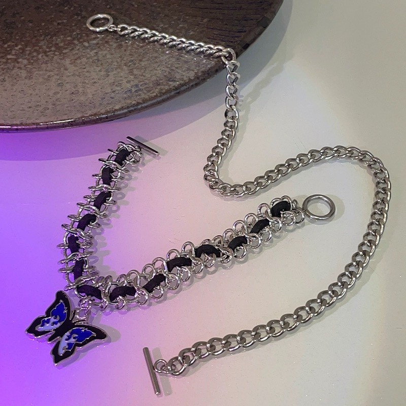 Silver Thorn Chain Butterfly Choker Necklace Blue Enamel Butterfly pJewelry