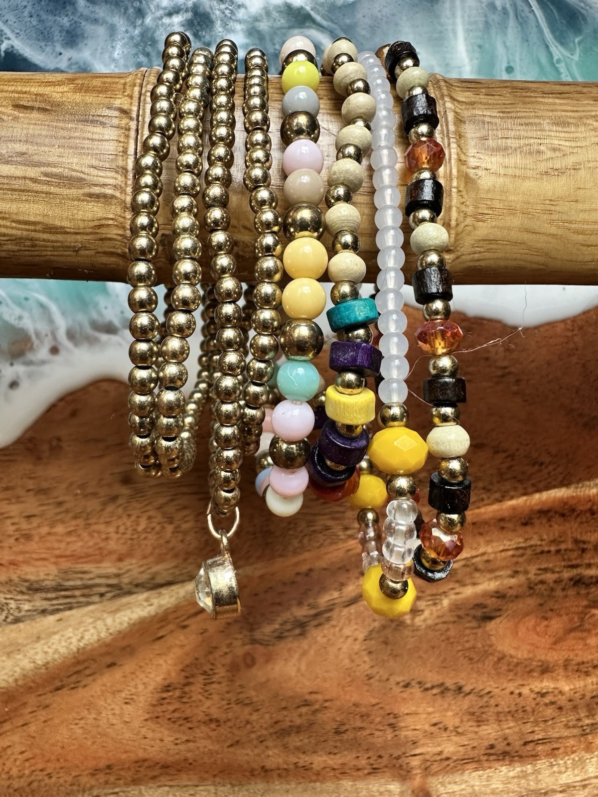 Multicolor Beaded Stretch Stackable Bracelet Set w/ Gold-Tone Ball Beads