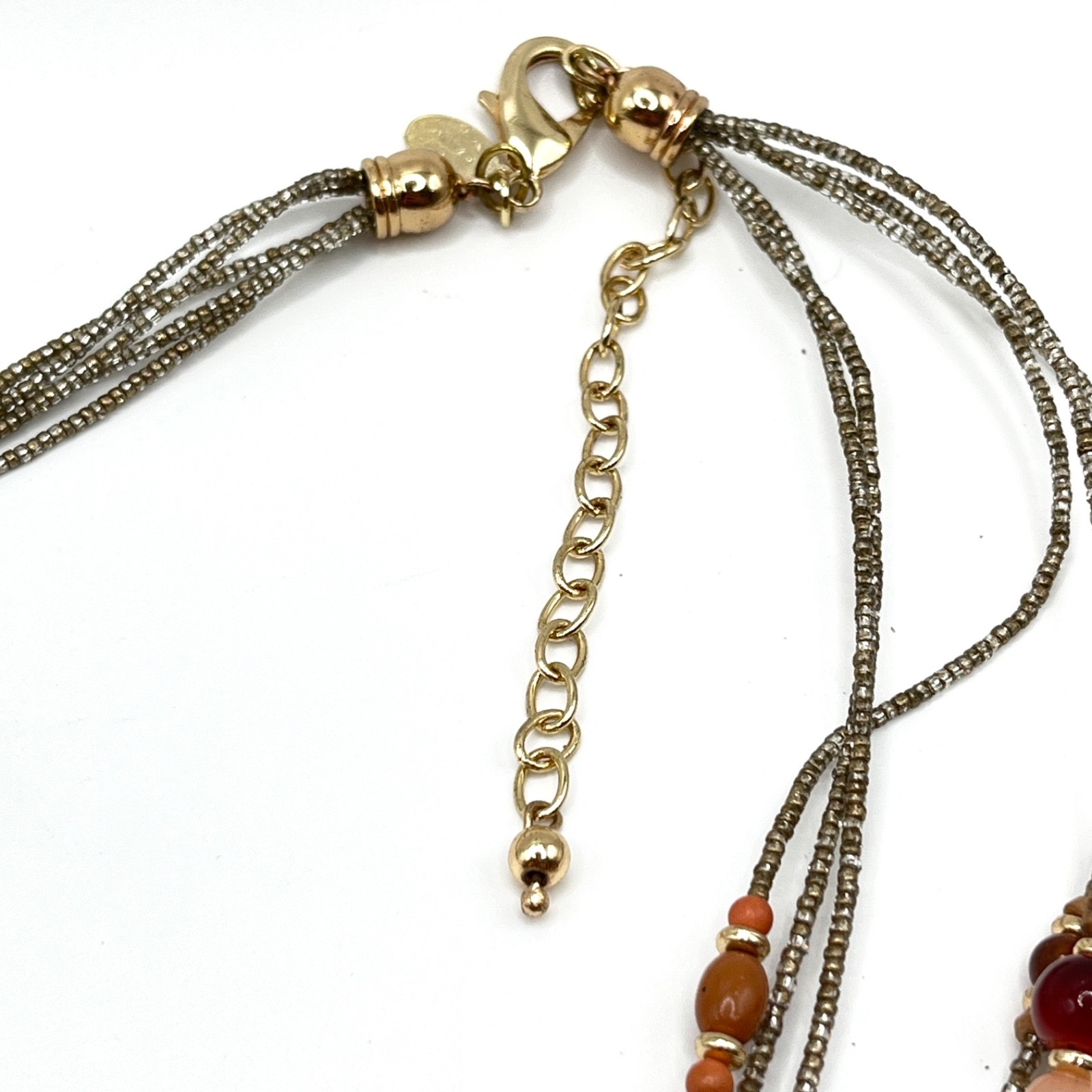 Chico’s Multi Strand Warm Orange Red Pink Mixed Materials Boho Necklace 20″