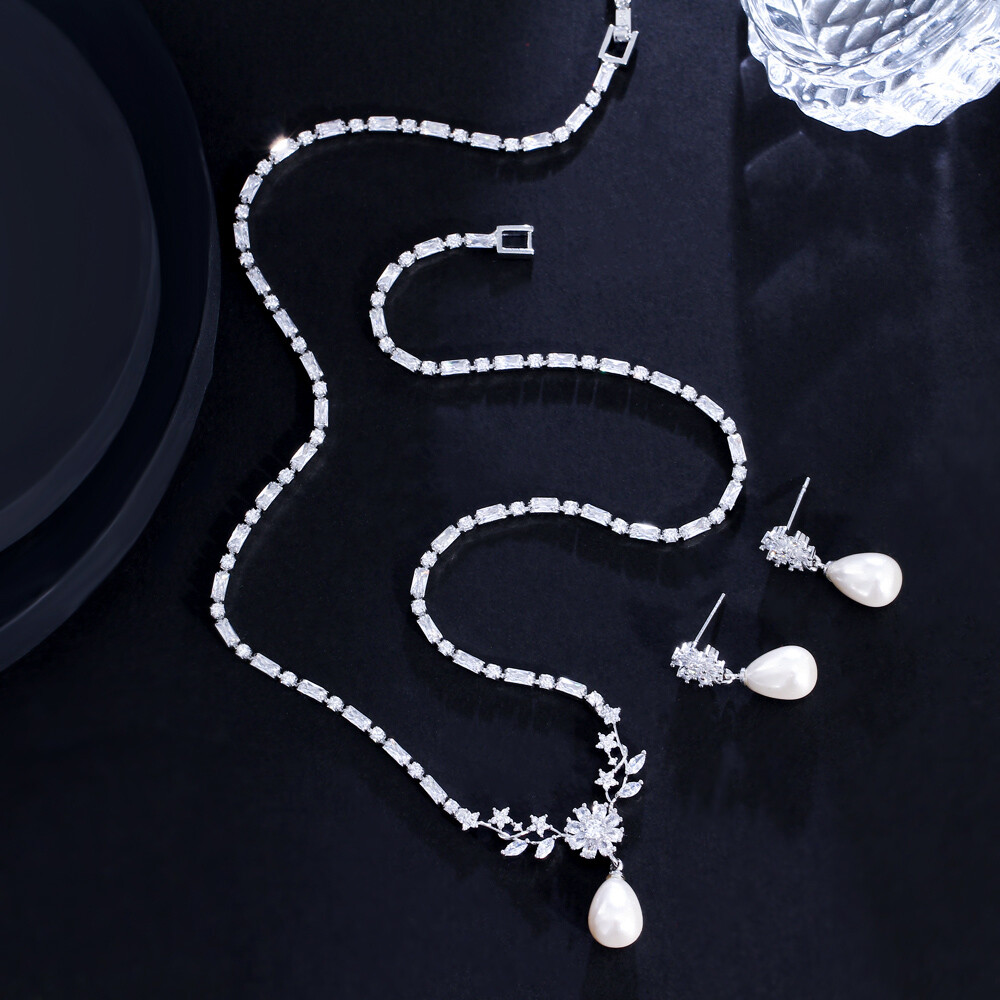 Top Silver Plated CZ Flower Leaf Tennis Pearl Drop Necklace Earrings Jewelry Set