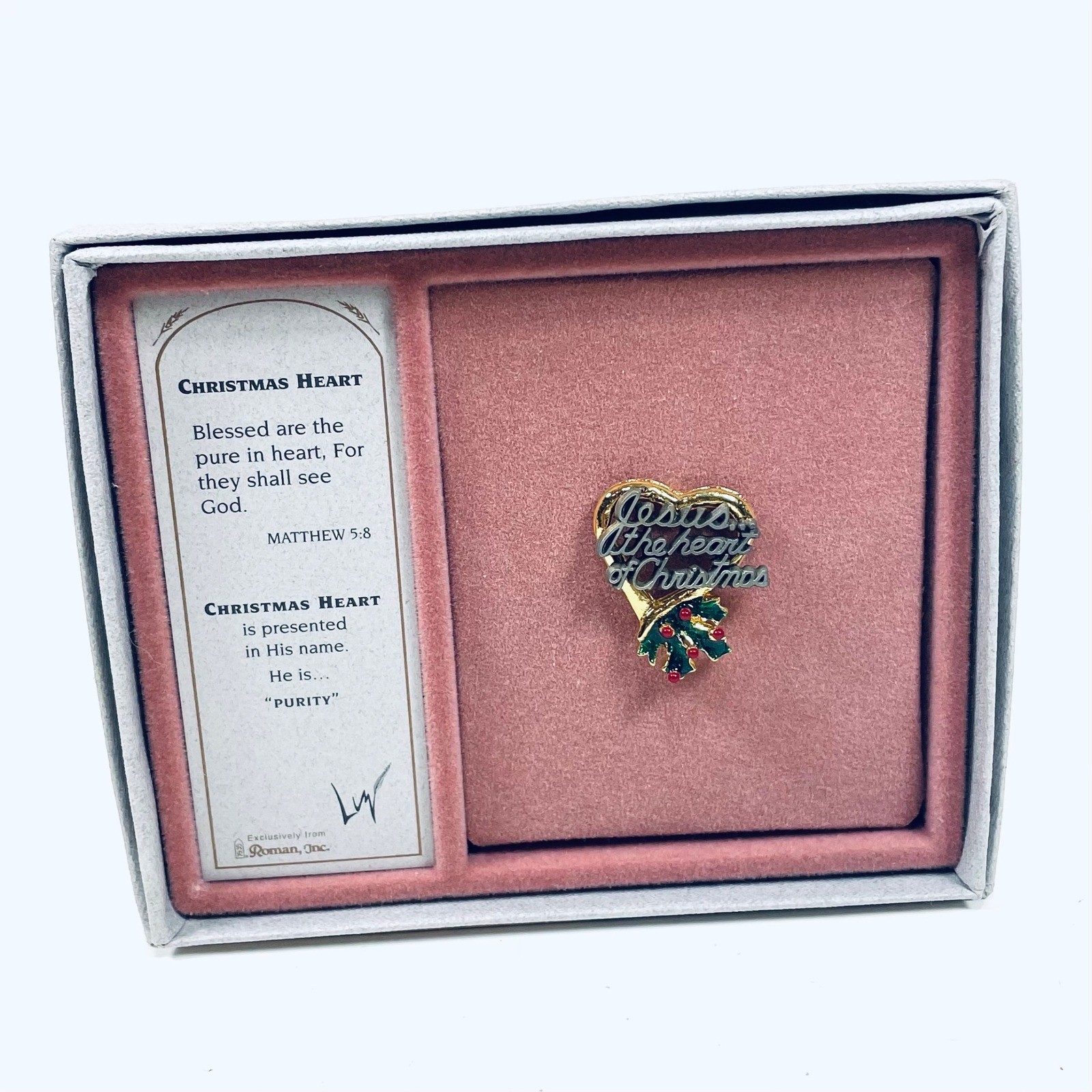 Roman Inc Jesus the Heart of Christmas Pin Gold Pewter Religious Holly Boxed