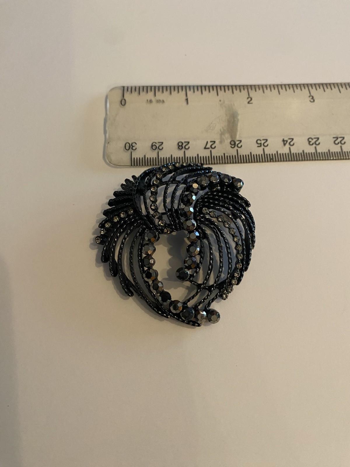Black Rhinestone Swirl Brooch Pin 2 in Round Black Rhinestones Metal