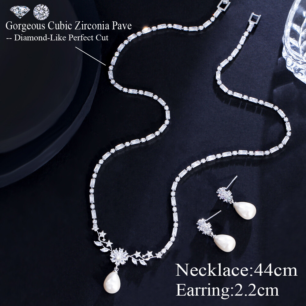 Top Silver Plated CZ Flower Leaf Tennis Pearl Drop Necklace Earrings Jewelry Set