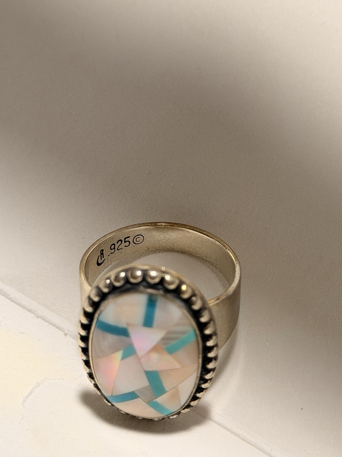Sincerely Southwest 925 Sterling Silver Oval Mother of Pearl Bezel Ring 10 NEW
