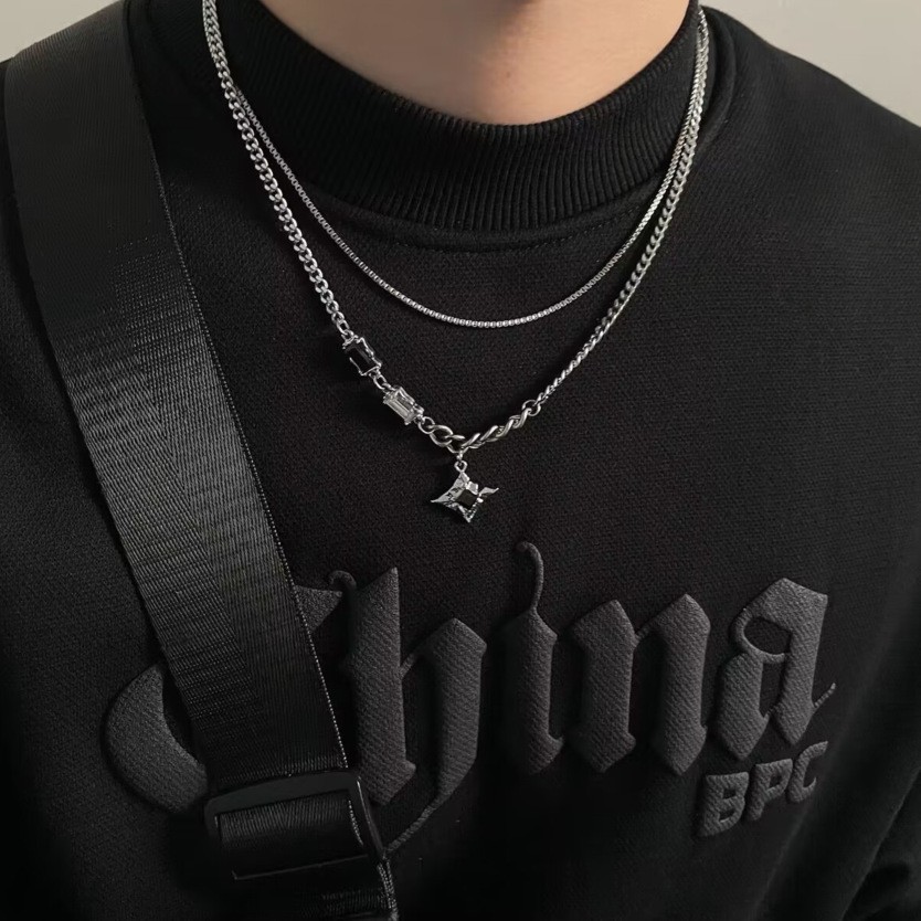 Silver Dual Geometric Zircon Necklace Snake Chain Cuban Pendant man Choker