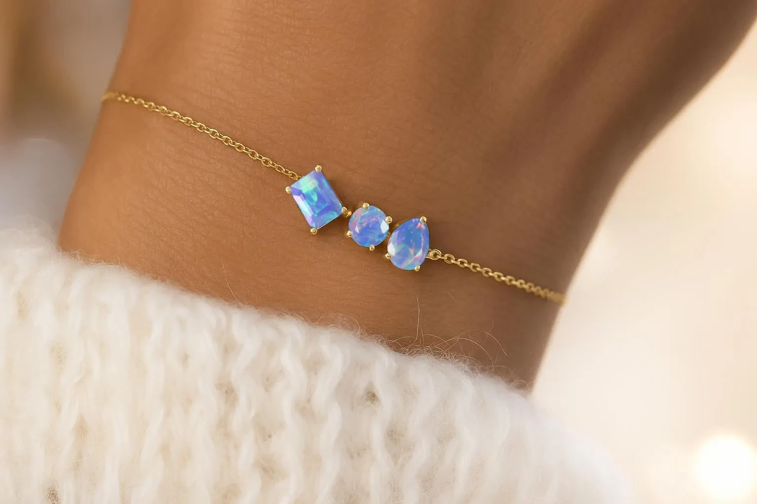 Blue Fire Opal Three Stone Chain Bracelet 925 Sterling Silver Chain Bracelet