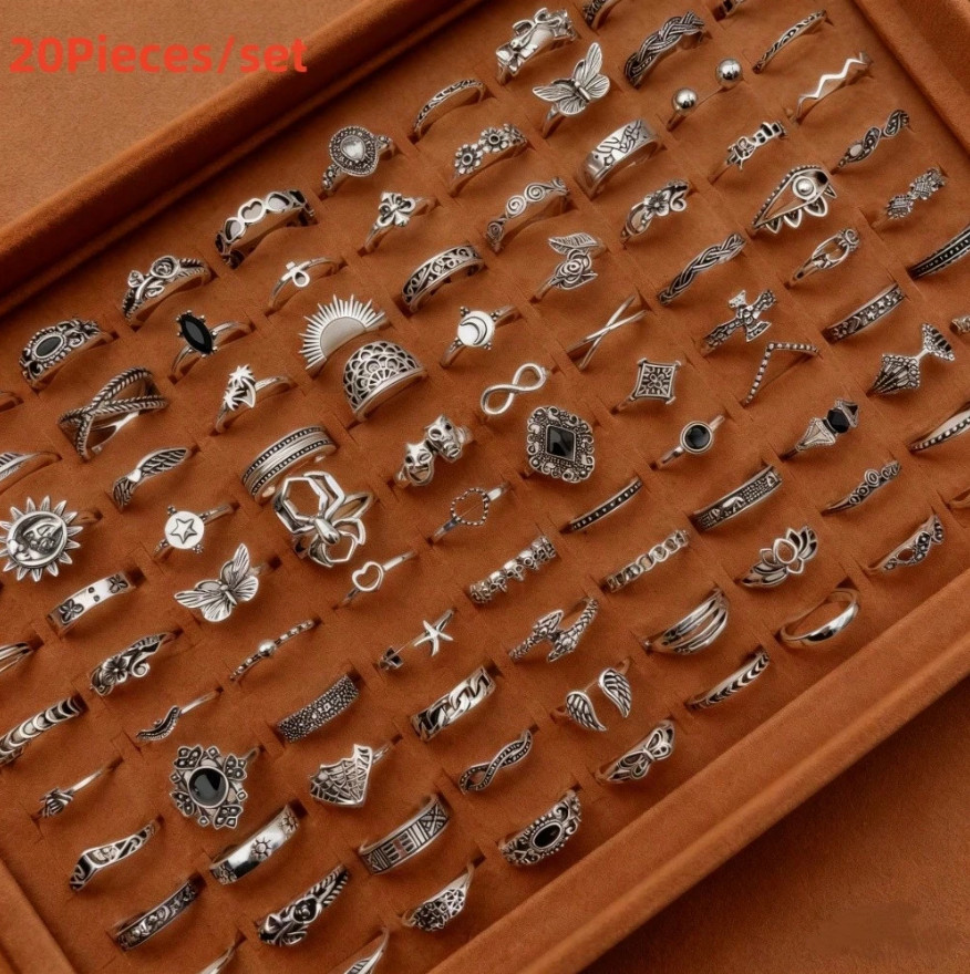 20PCS Silver Bulk Lot Rings For Men And Women Goth Grunge Fashion Ring Wholesale