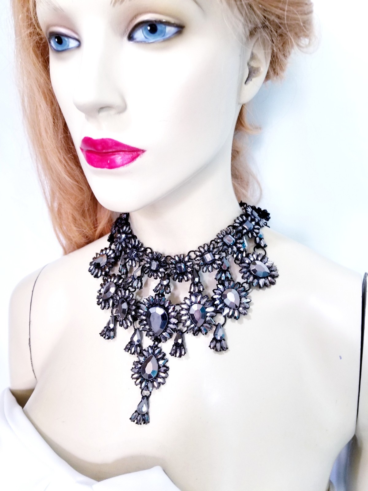 Charcoal Gray Statement Choker Rhinestone Necklace Bridal Prom Pageant Gothic