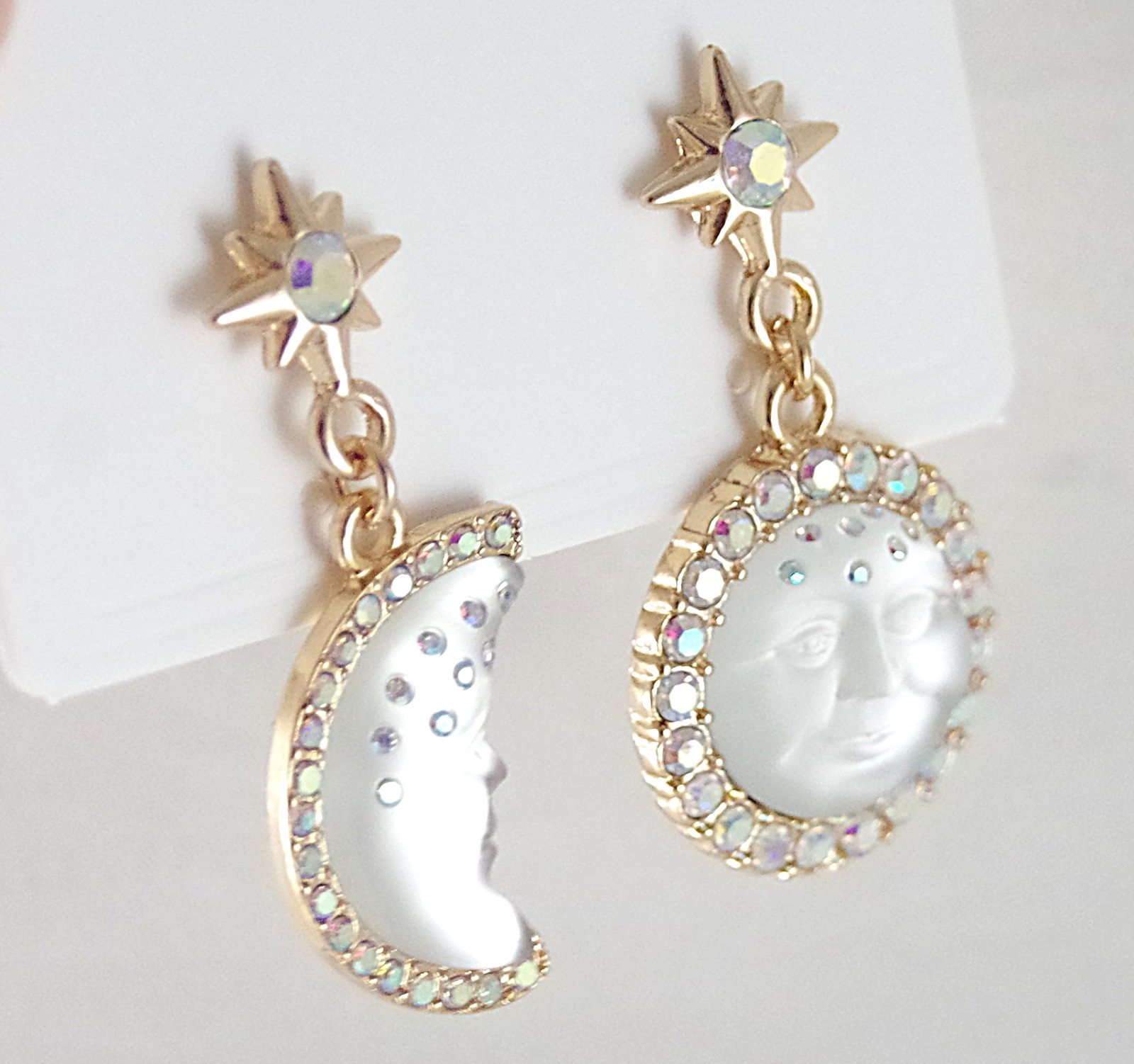 2″ KIRKS FOLLY WHITE SEAVIEW MOON FACE CRYSTAL RHINESTONE DROP DANGLE EARRINGS