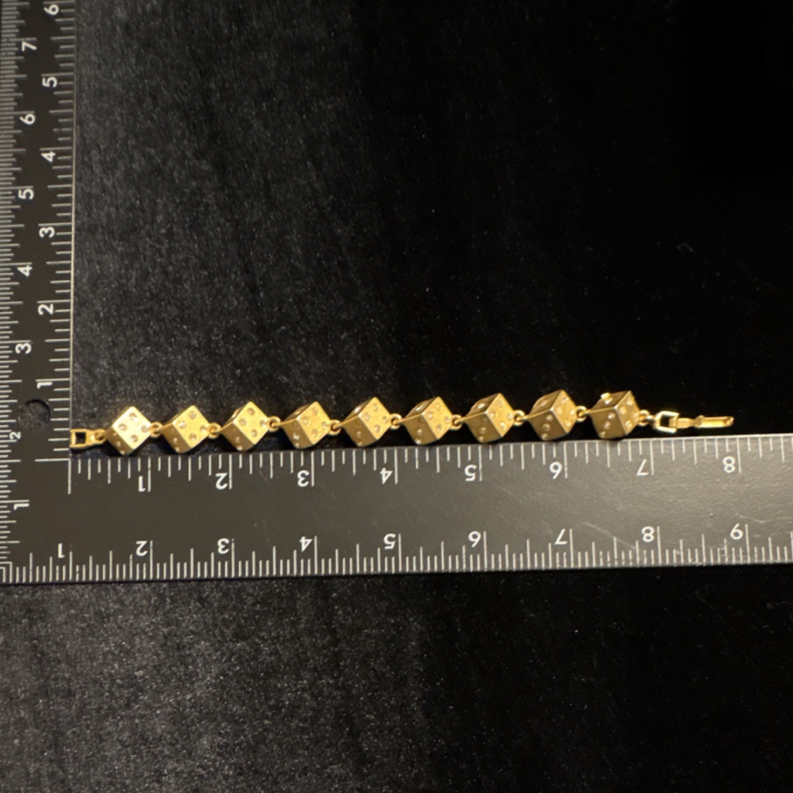 Gold Tone Dice Link Bracelet Clear Crystal Accents Snap Clasp 7.5 in