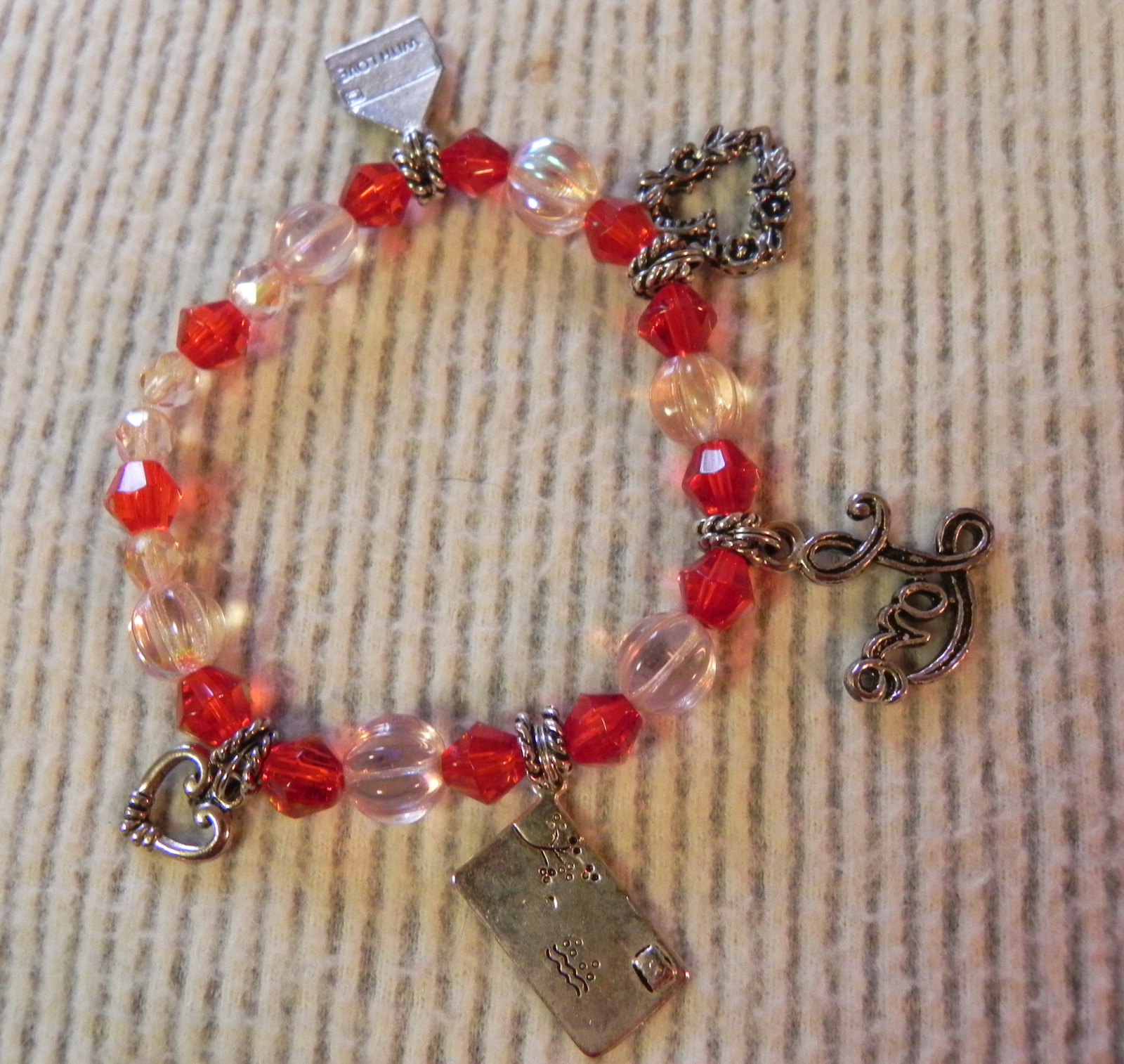 Red charm bracelet Beaded Valentines Love Letters Hearts AB crystal beads NICE