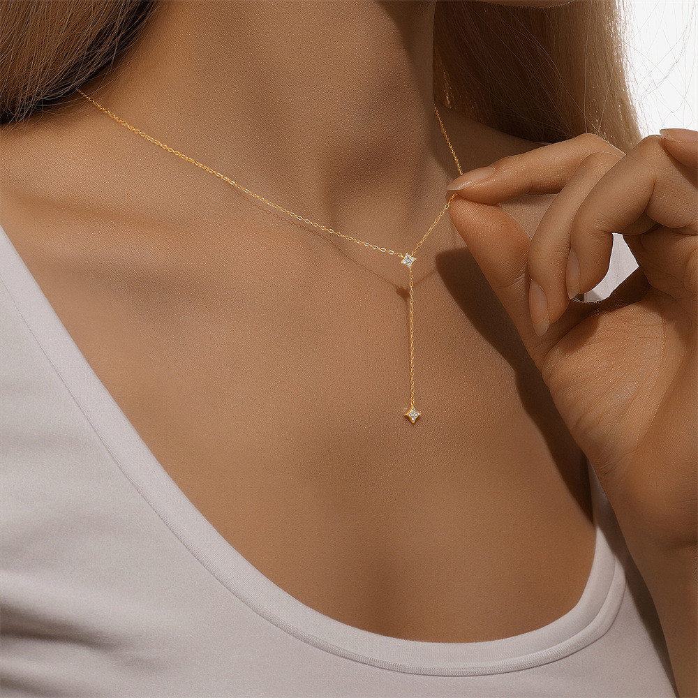 Gold Plated 925 Sterling Silver CZ Four Point Star Y Lariat Necklace