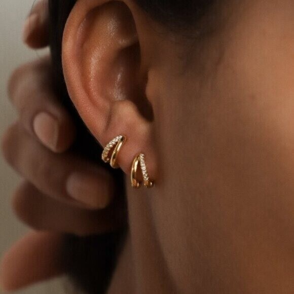 Everyday Huggie Earrings Double Huggies Gold CZ Pave Dainty Small Gold Hoops