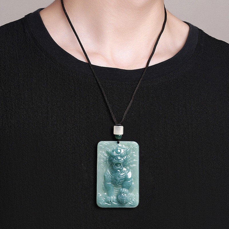 Real Grade A 100% Natural Blue Jade Jadeite Dragon Oblong Pendant Necklace
