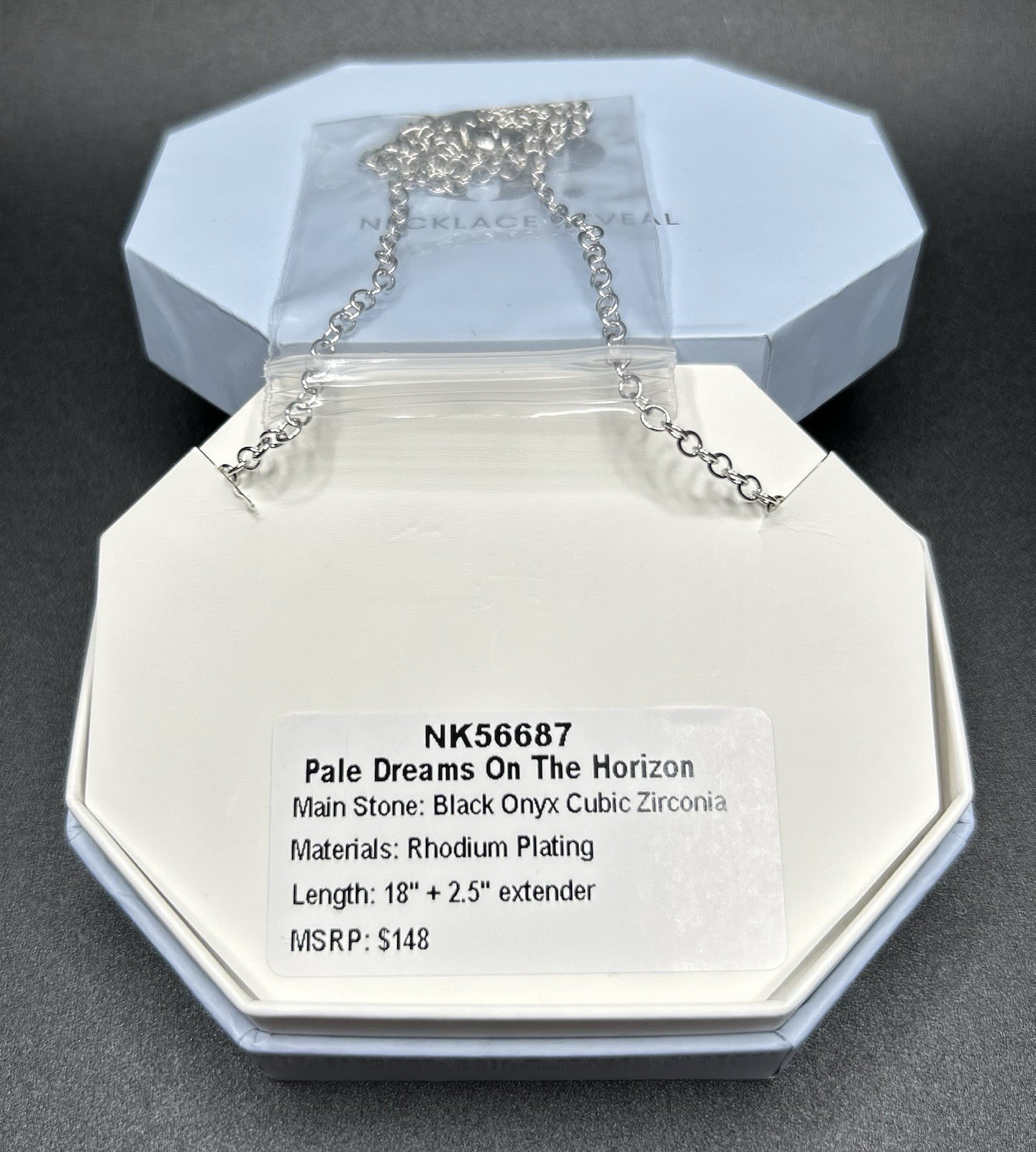 Bomb Party Necklace NK56687 Pale Dreams On The Horizon Black Onyx CZ on Rhodium