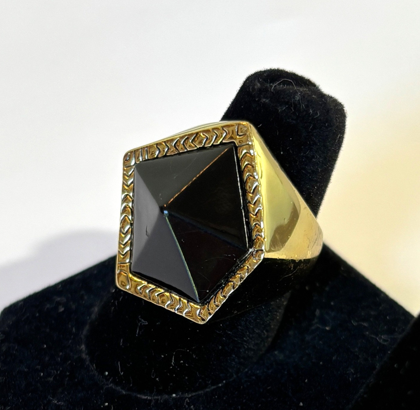 House of Harlow 14k Gold Plated Designer Ring Sz 7 Black Onyx Abstract Pentagon