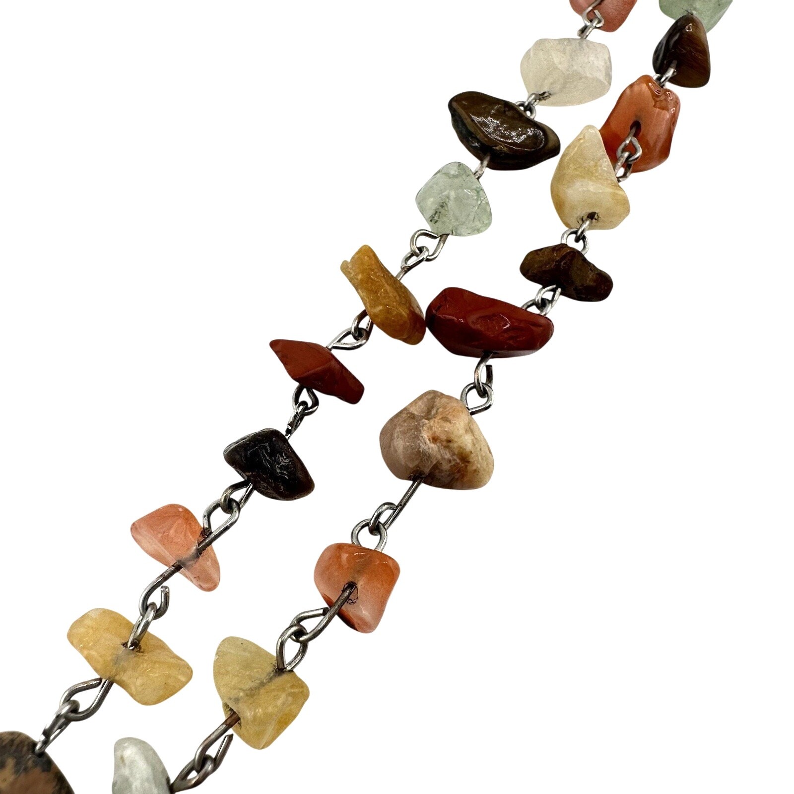 Semi Precious Stone Chips Tumbled Quartz Jasper Agate Silver Tone 20” Necklace