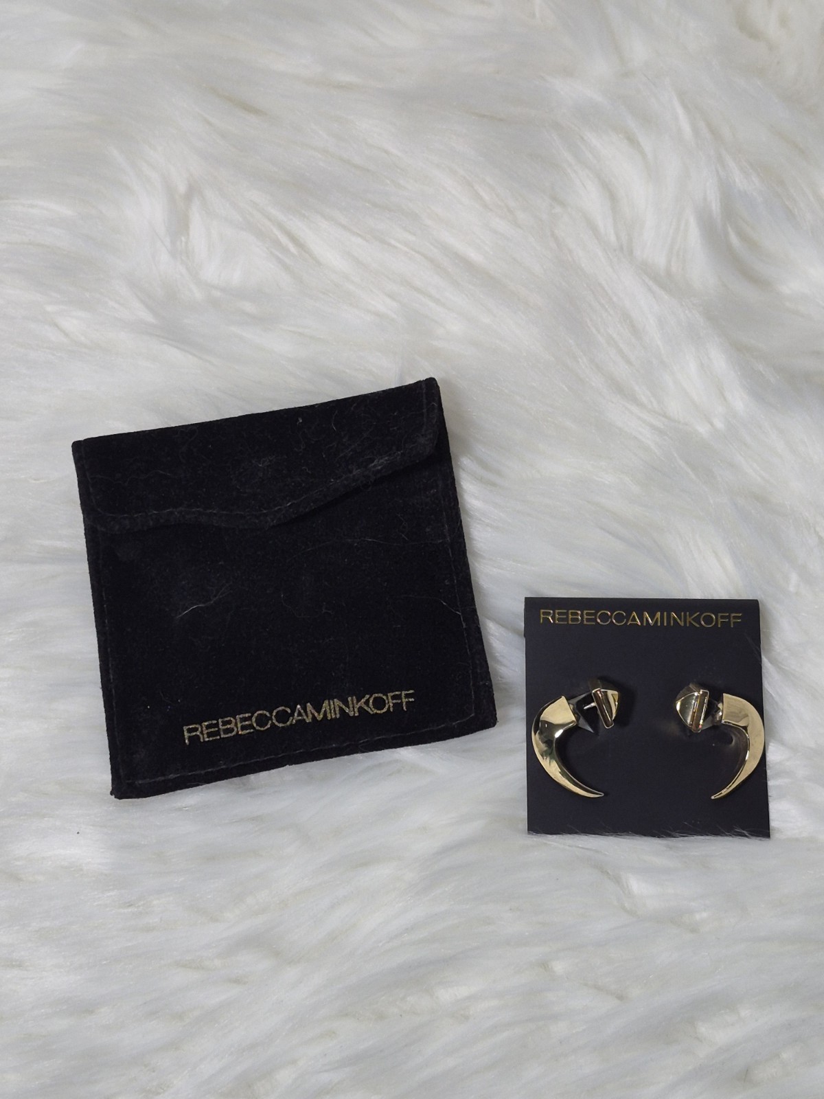 Rebecca Minkoff Gold Metal Asymmetrical Talon Stud Earrings with Branded Pouch