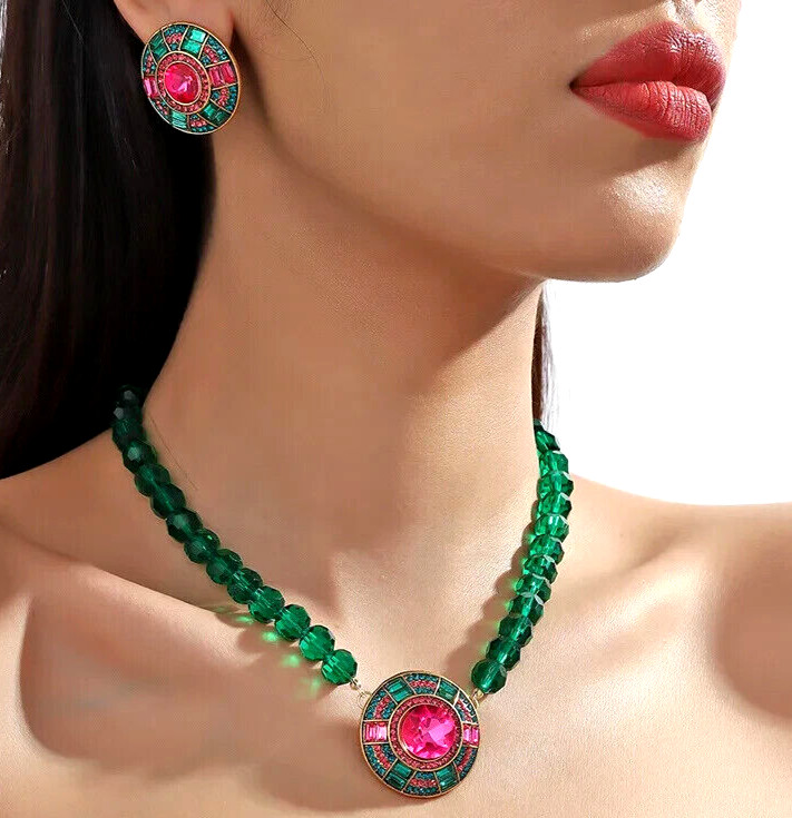 Vibrant Green Pink JEWEL Rhinestone Bead Betsey Johnson Necklace Earrings SET
