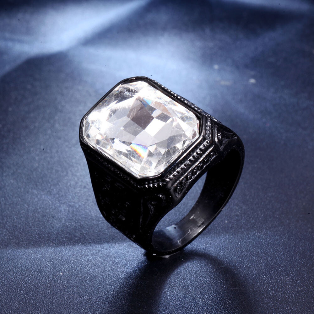 Men Big Stone Ring Stainless Steel Vintage Wedding Promise Cocktail Party Biker