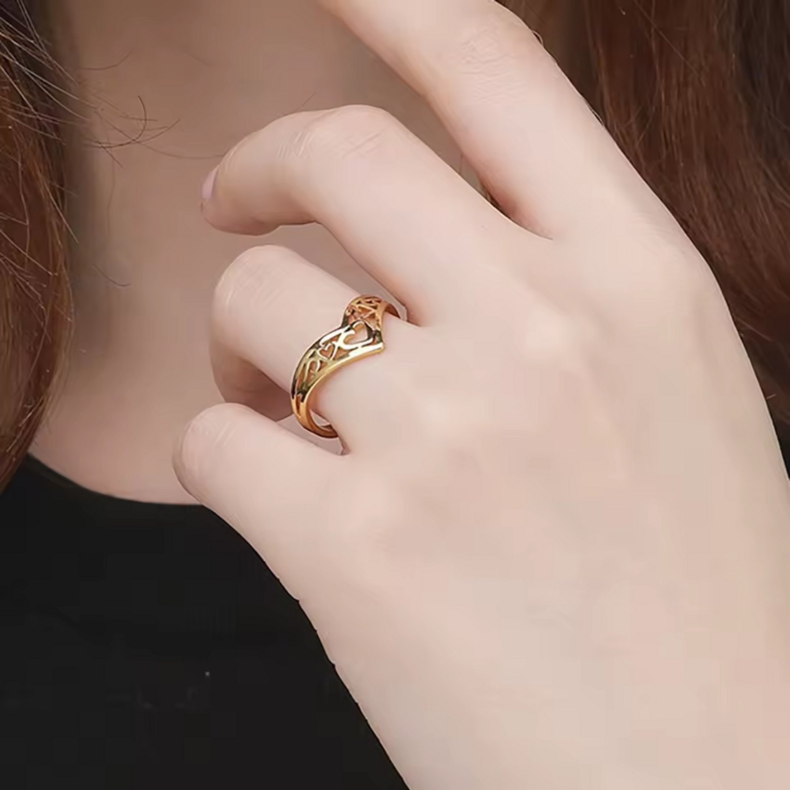 Womens Crown Heart Engagement Ring Gold PVD 316L Stainless Steel Promise Band