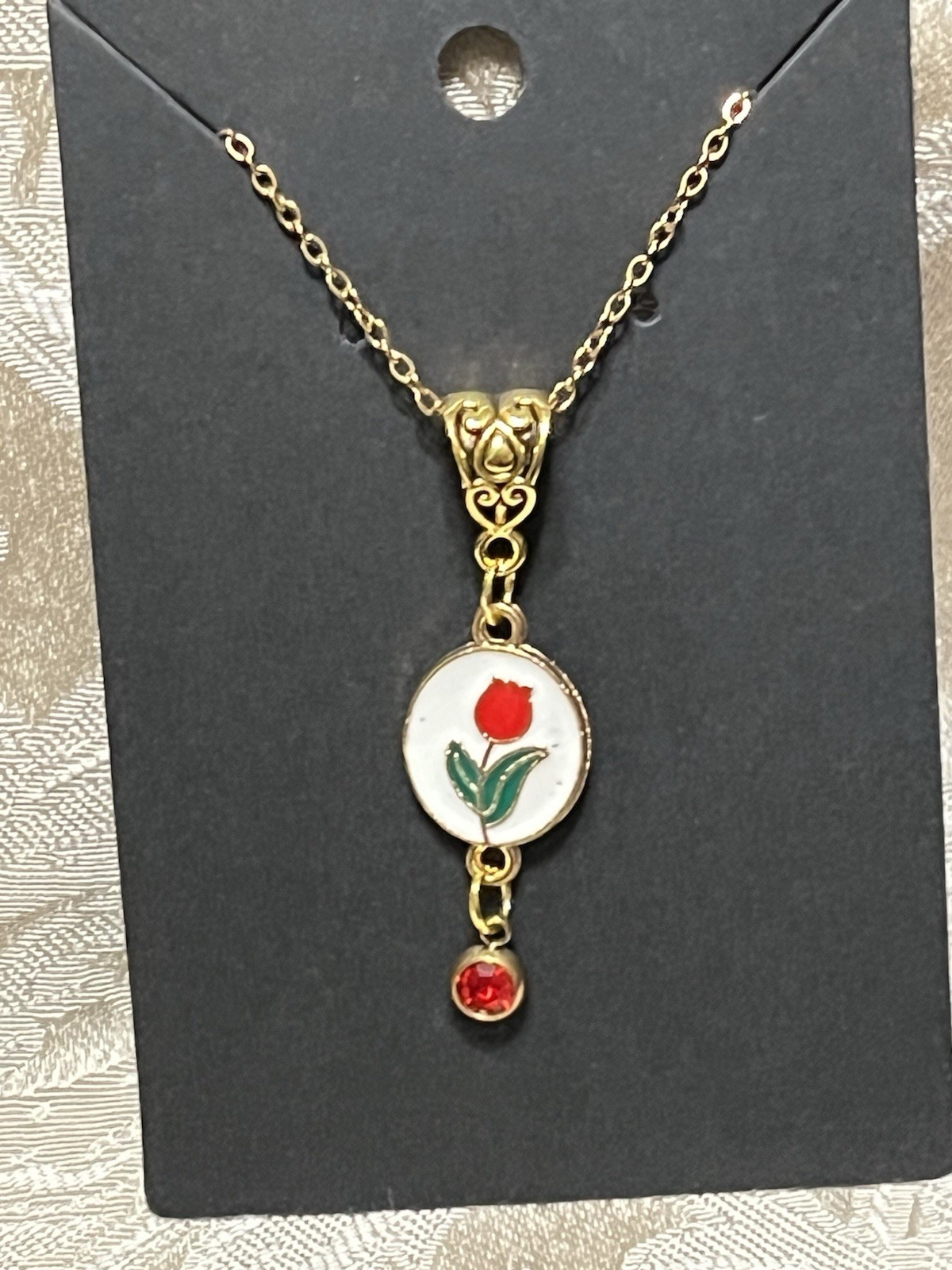 Retro Floral Gem Enamel Pendant Gold 18” Necklace Bohemian Floral Novelty