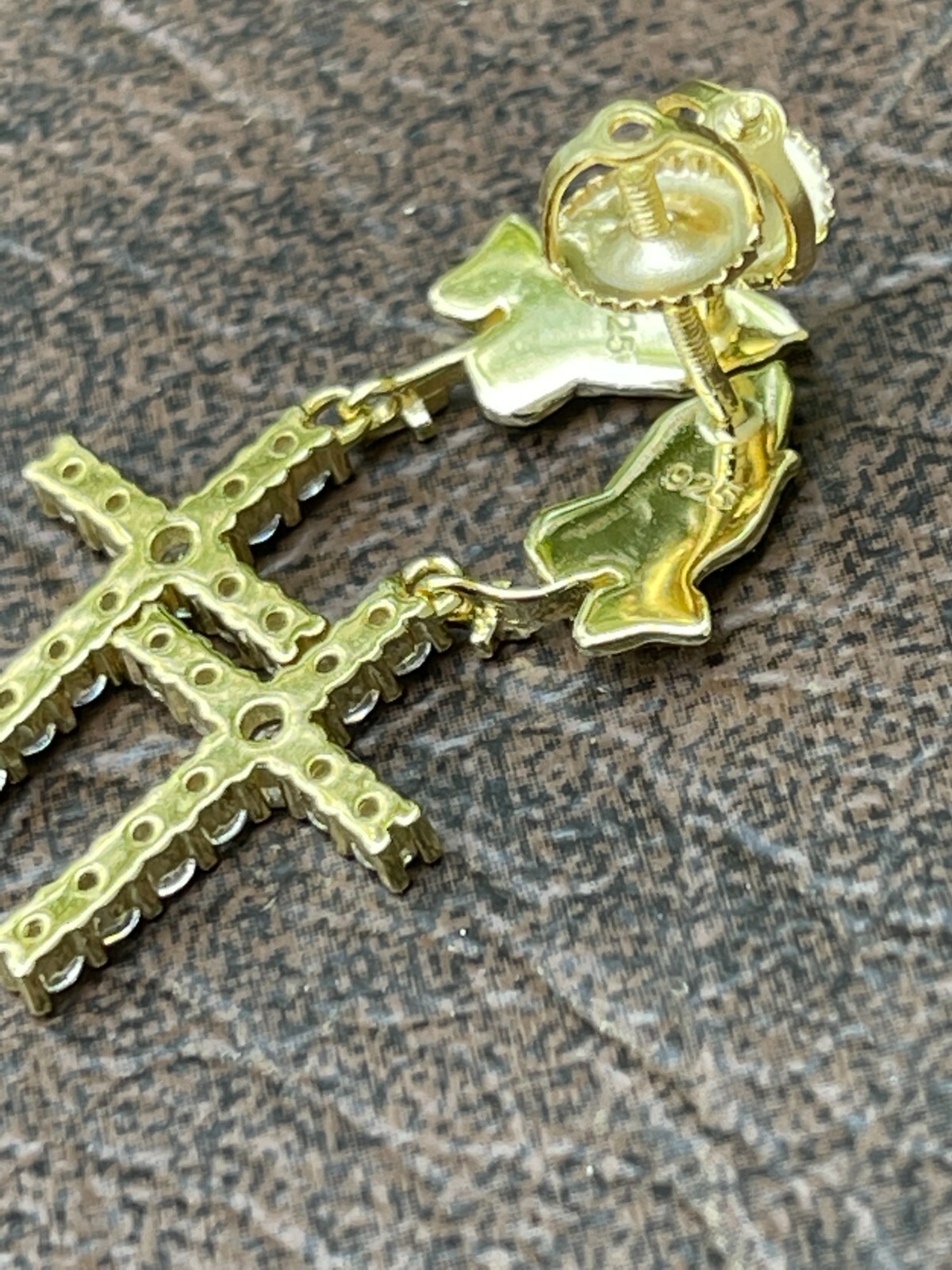 14k Gold Plated Real 925 Sterling Silver Praying Hands Cross Dangle Earrings