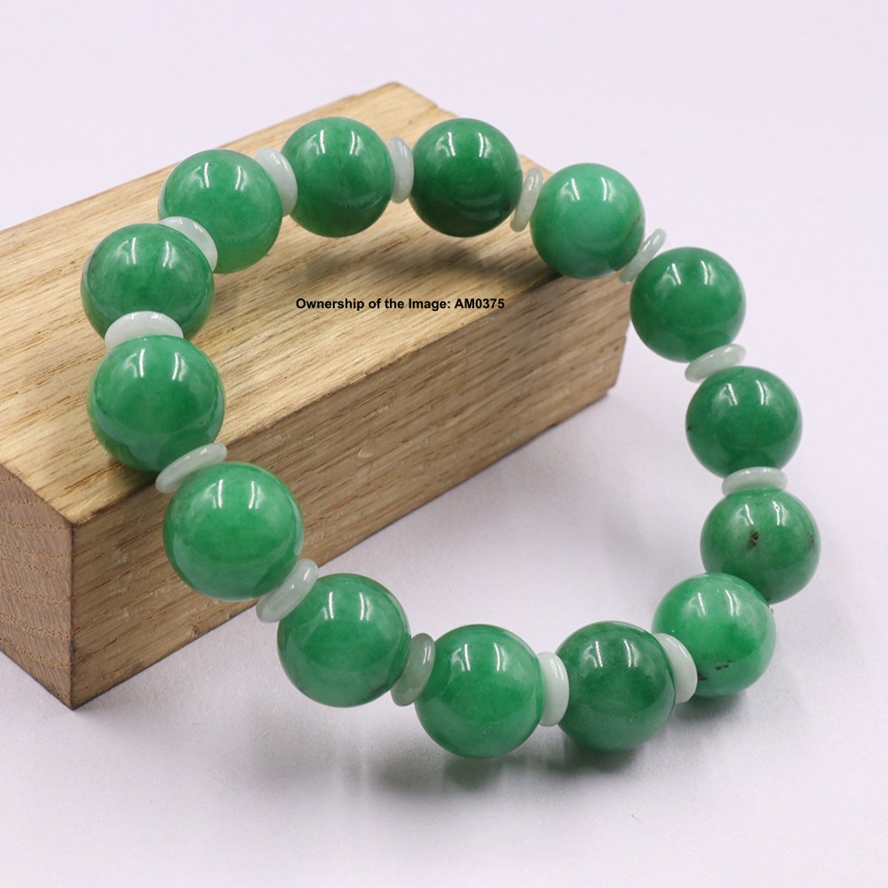 Chinese Heated Green Jade 12mm Round Bead Elastic Bracelet Fit 6.5″ Wrist