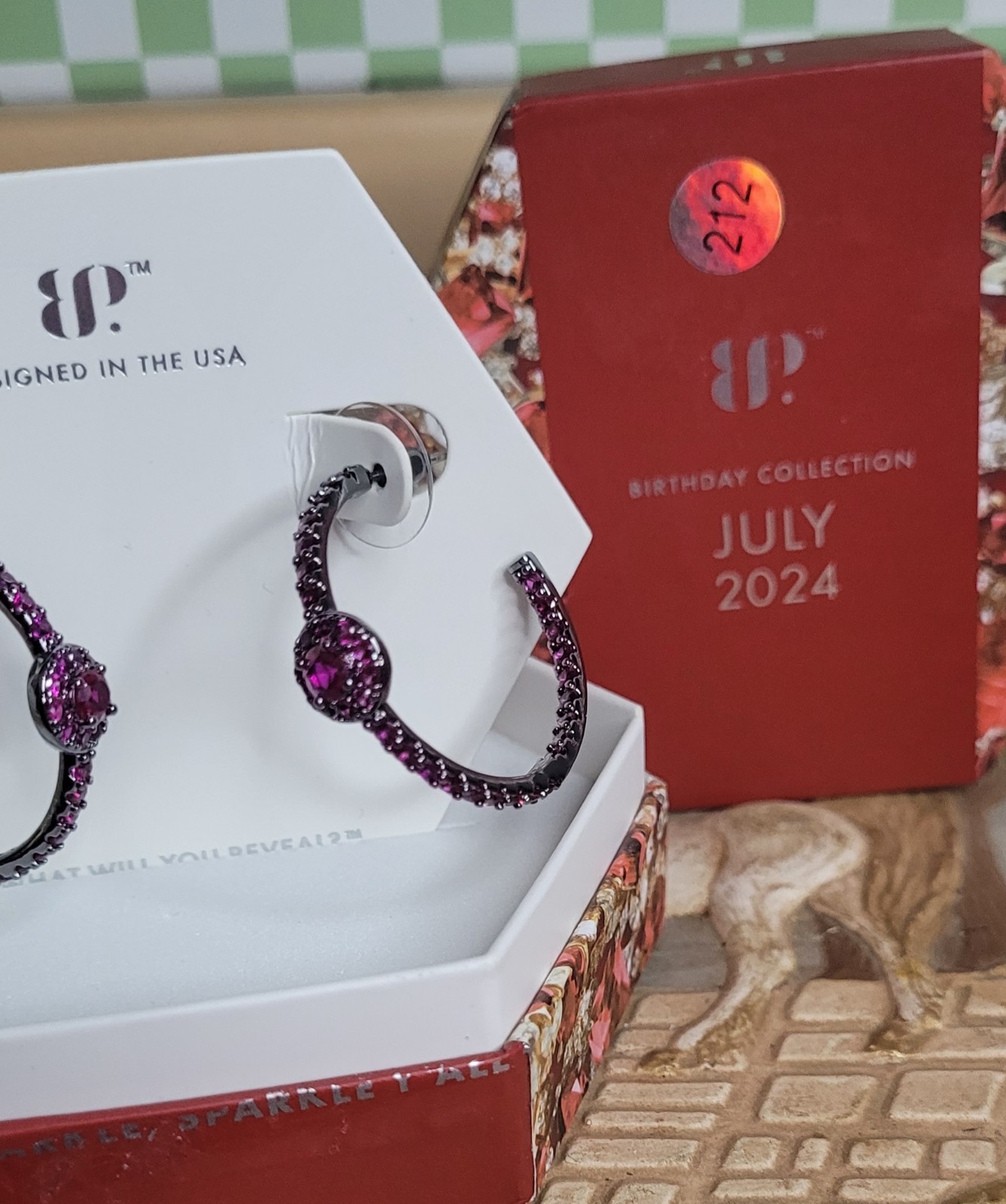 Bomb Party July 2024 Earrings “Wish Them Joy” Lab Created Ruby /Hematite Plating