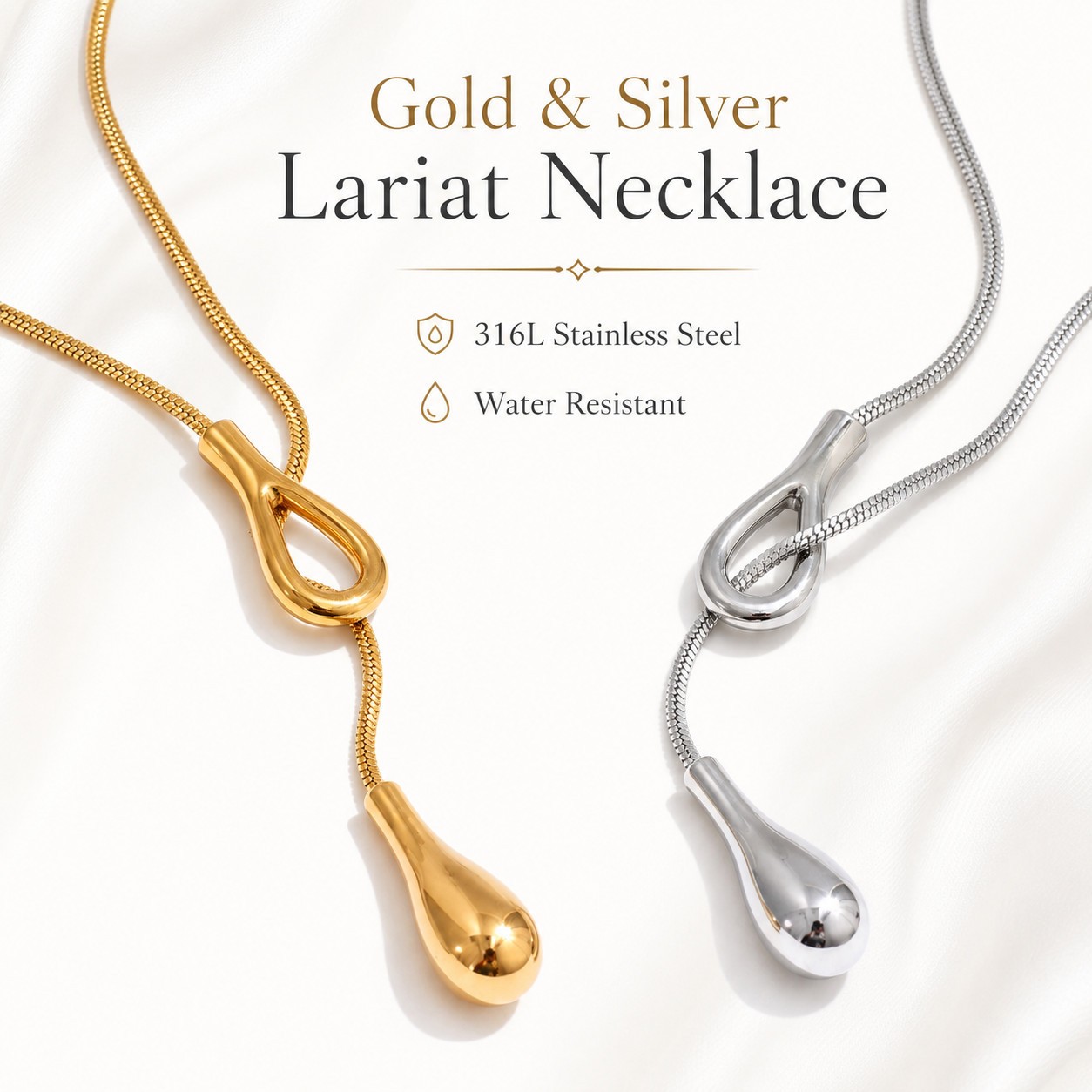 Gold Silver Y Drop Lariat Necklace 316L Stainless Steel Fashion Jewelry