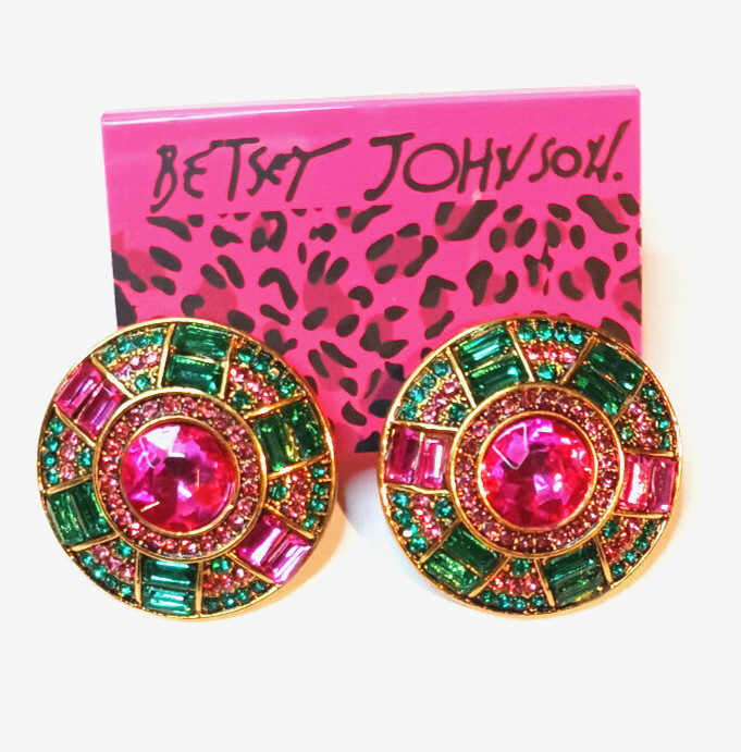 Vibrant Green Pink JEWEL Rhinestone Bead Betsey Johnson Necklace Earrings SET