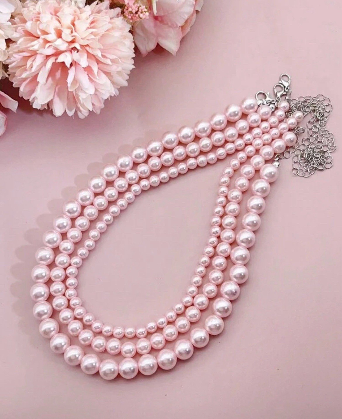 Pink Faux Pearl Necklace 3 Strand Choker Layered Beaded bead Necklace Set