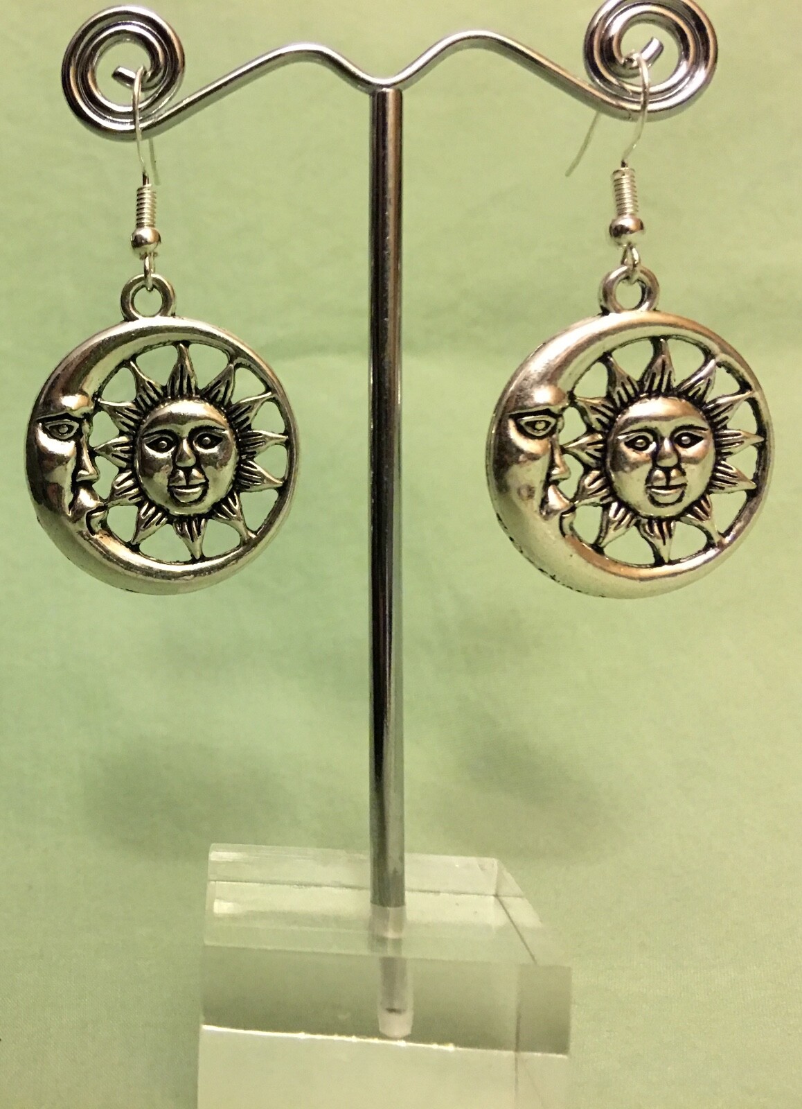 MOON and SUN FACE EARRINGS – Pewter with Sterling Silver Ear Wires (or GP)