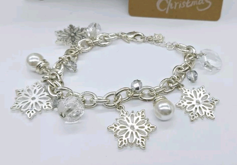 Snowflake Christmas Necklace Bracelet Earring Lot Silver tone Set of 4
