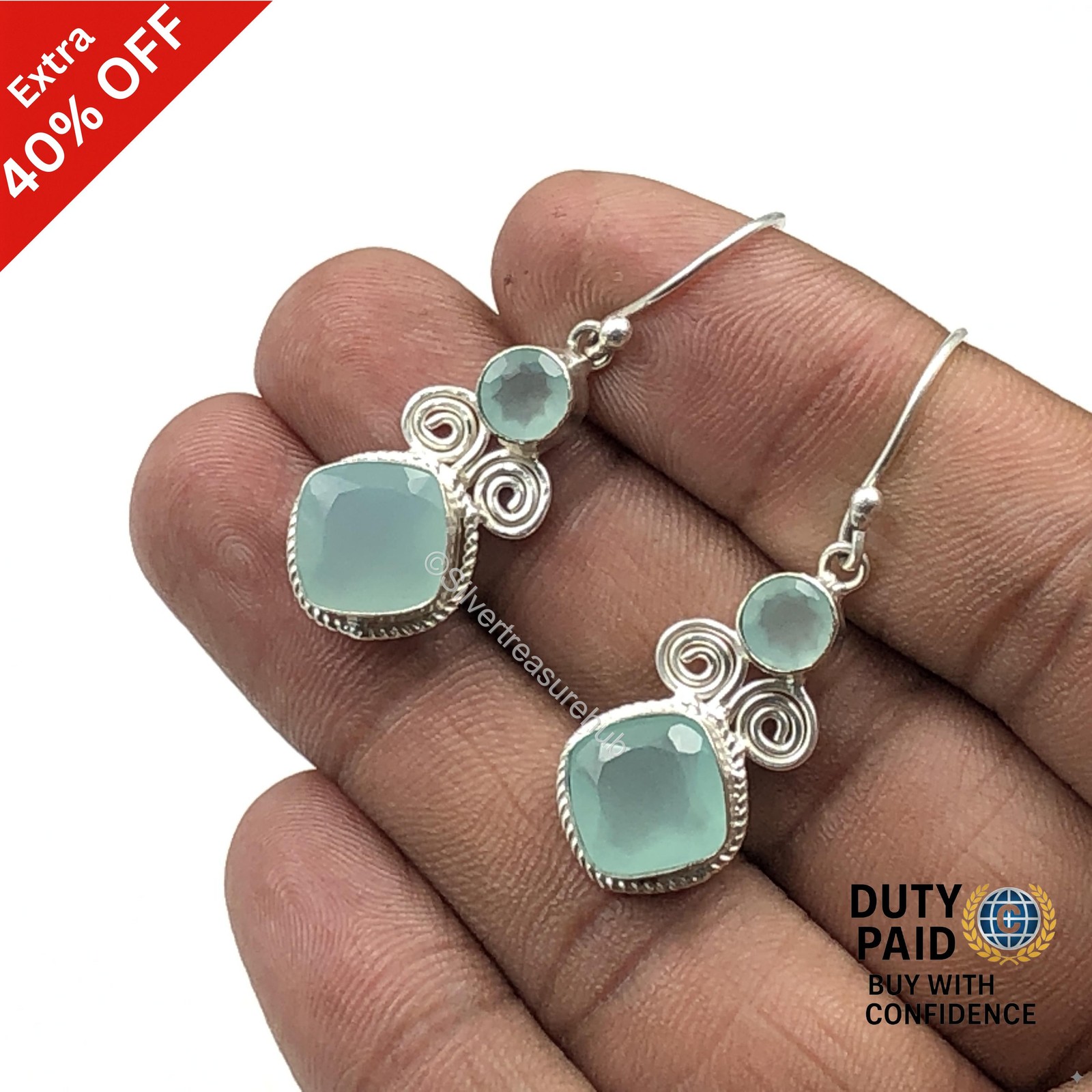 Throat Chakra AQUA CHALCEDONY Gemstone Wife Drop Dangle Earrings Sterling Silver