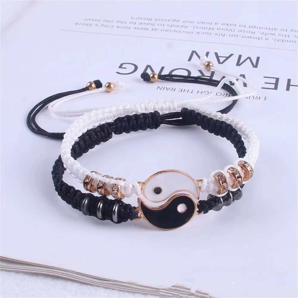 2 PC Jewelry Set Couple Black White Tai Chi Bracelet Rope Adjustable Chain Set S