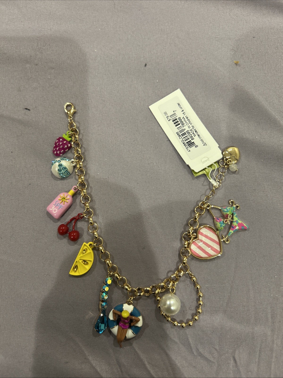 Betsey Johnson Charm Bracelet & Sunscreen Bottle Bikini Mismatch Earrings HTF