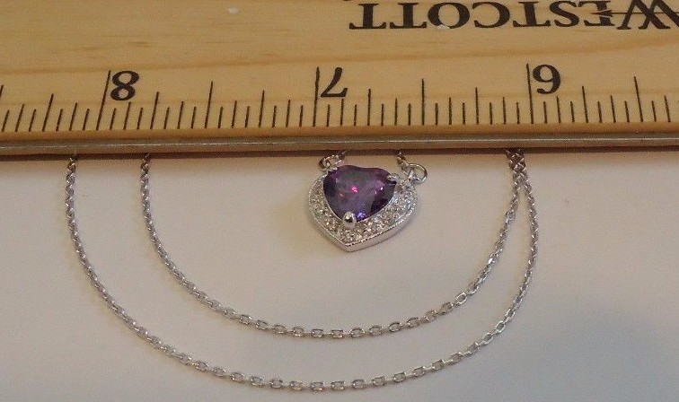 HEART NECKLACE PENDANT W/ LAB DIAMONDS & AMETHYST / 925 STERLING SILVER /18”